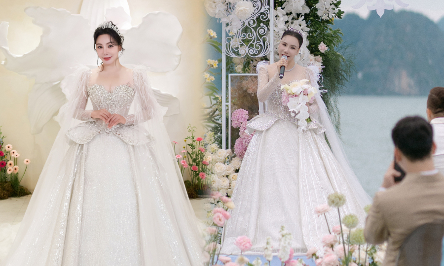 Hồ Quỳnh Hương diện váy cưới đính kết 10.000 viên Swarovski
