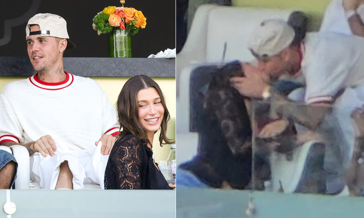 Justin Bieber hôn vợ đắm đuối khi đi xem bóng